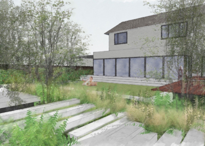 Chesham garden design, Buckinghamshire, lawn and plank paver path