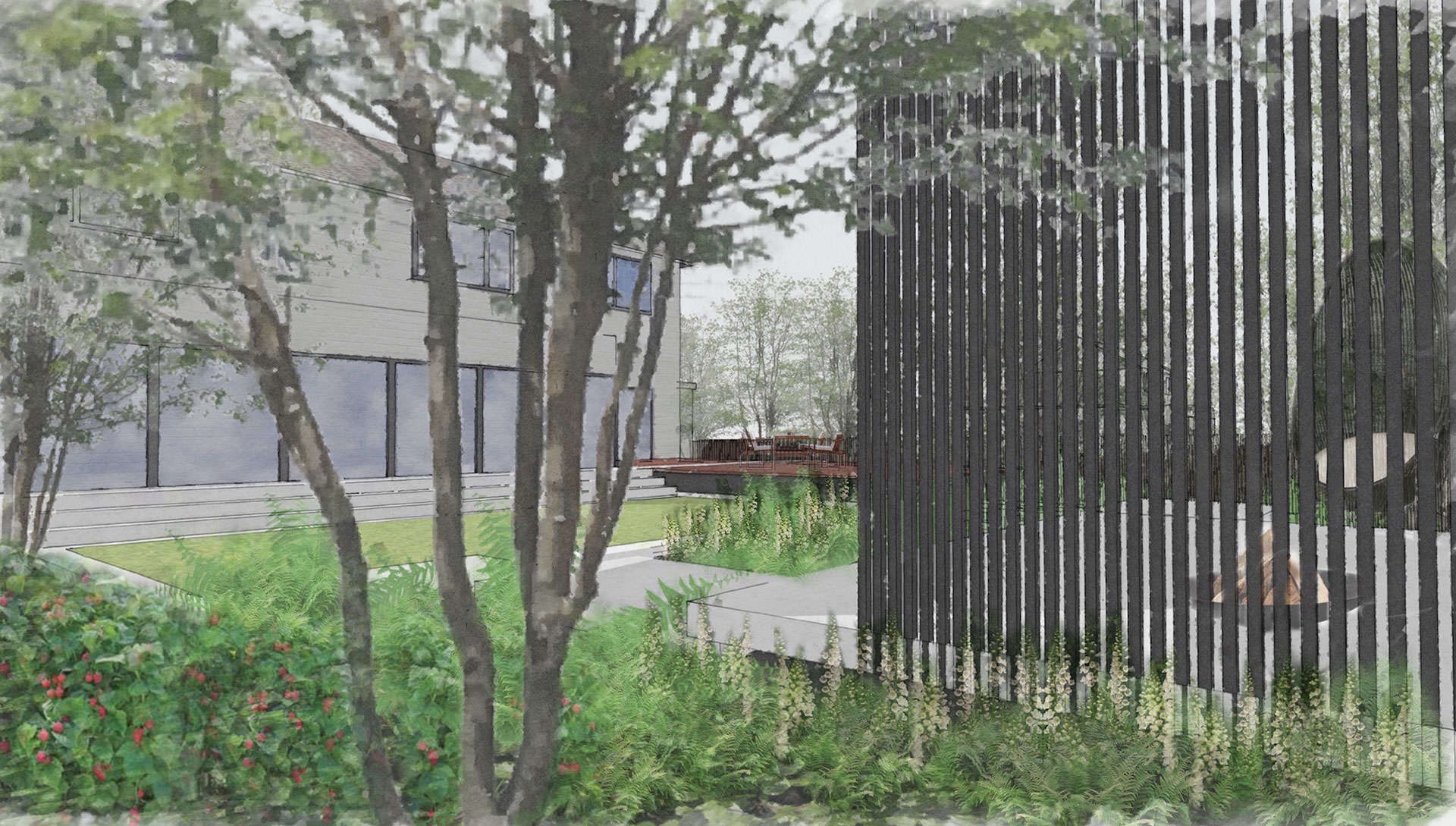 Chesham garden design, Buckinghamshire - fire pit area with screen