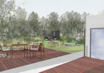 A deck for dining overlooking the lawn and trees.