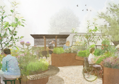 Hospital rehabilitation garden design planters view