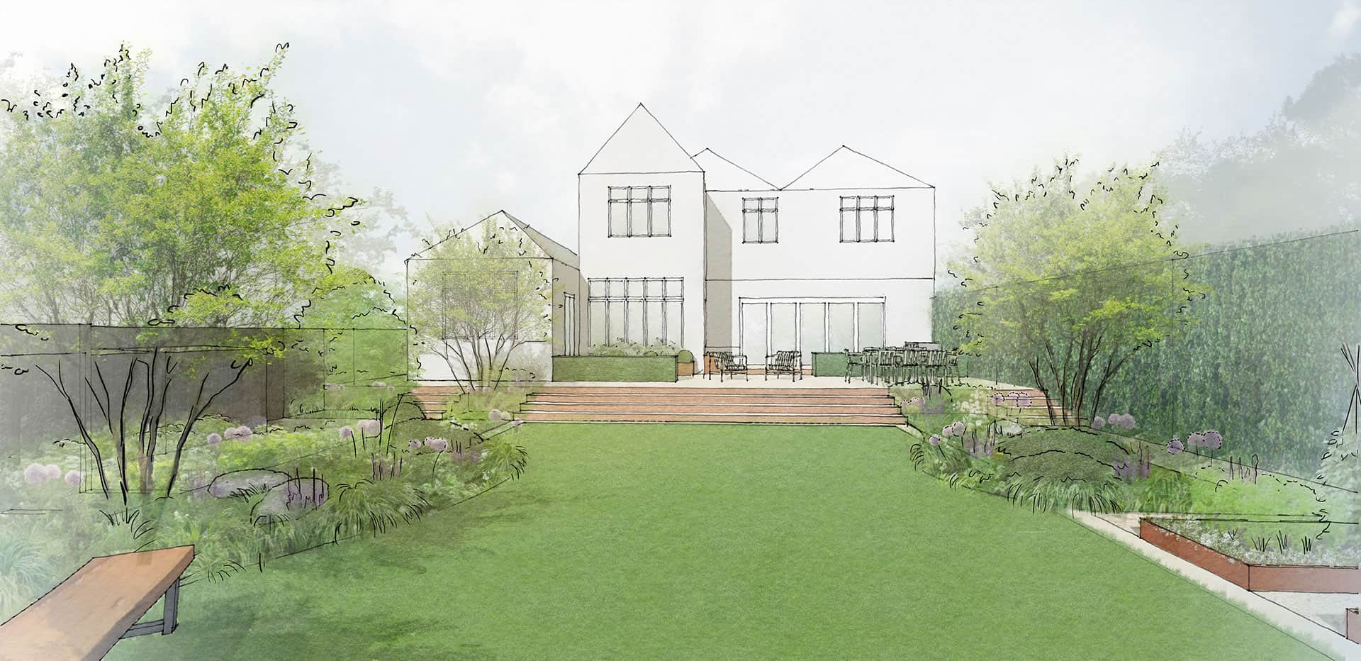 A timeless garden design for a 1930s house with modern extension. 
