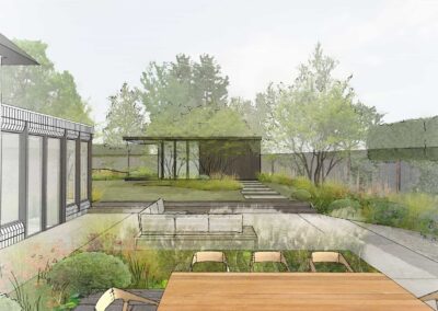 A modern dining terrace, in this Bray garden where old meets new. Structural evergreen in the form of pleached trees references the history of the site and acts as a foil to the soft underplanting.