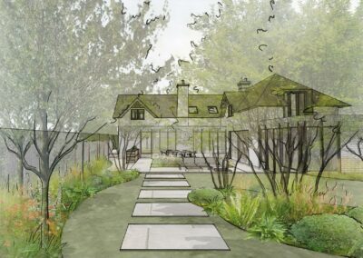 A stepping stone path connecting house and garden room in this garden in Berkshire.