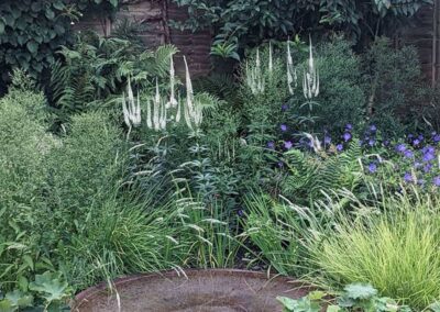 A water source for wildlife, surrounded by ncectar-rich plants for pollinators in this garden design in Surrey.