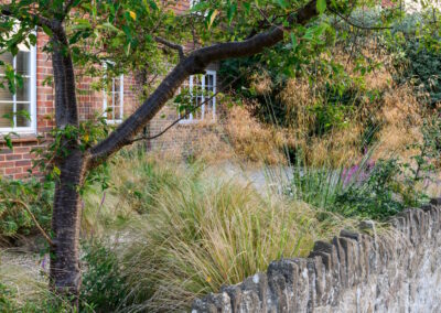 Front garden with no lawn in Surrey, designed for low maintenance and seasonal interest.